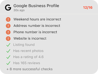 A screenshot of an audit of the Google Business Profile for an example business with 12 of 16 successful checks