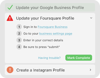 A screenshot of the todo list for the example business, one is complete and another is expanded to show a list of steps