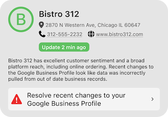 A screenshot of the updated report for an example business showing a new item to Resolve changes to the Google Business Profile