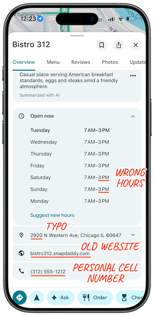 A screenshot of an iphone screen with Google Maps showing incorrect information
