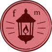 A wax version of the Firemark seal - lit gas lantern, three radiating light lines on each flank, letters 'f' and 'm' atop also flanking